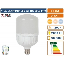 V-TAC VT-2125 LAMPADINA LED E27 24W BULB T100  FASCIO LUMINOSO 200° BIANCO CALD